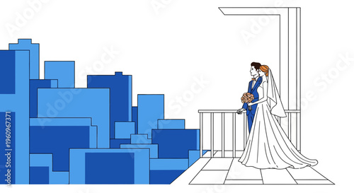 Newlywed bride and groom standing on balcony looking at blue city buildings skyline view together marriage