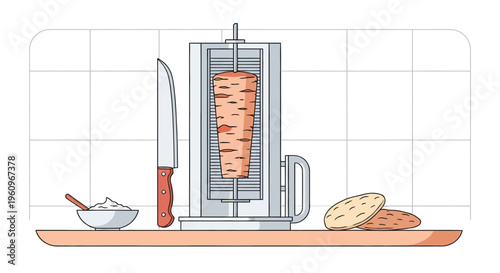 Traditional Meat Shawarma Grill With Knife Sauce And Pita Bread For Food