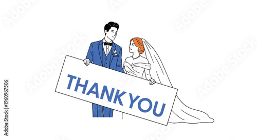 Happy newlywed couple groom and bride holding thank you sign on wedding day