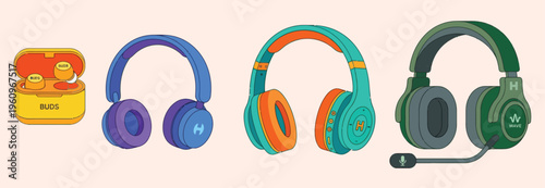 Set of flat vector illustrations of headphones, earphones, and wireless earbuds.