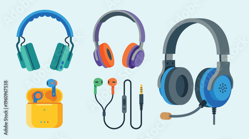 Set of flat vector illustrations of headphones, earphones, and wireless earbuds.