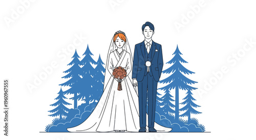Wedding Bride Groom Man Woman Pair Love In Blue Pine Tree Forest Art
