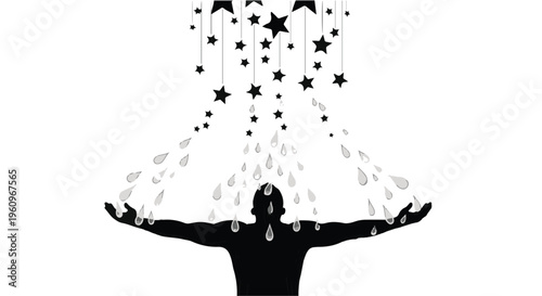 silhouette of a person with stars and raindrops