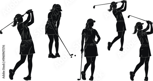 Collection of female golfer silhouettes in different swing poses playing golf isolated on white background minimal flat vector illustration sports women set