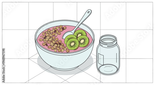 Bowl pink smoothie granola kiwi fruit spoon glass jar food meal diet fresh snack health organic cool