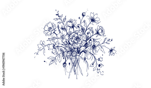 Intricate blue ink floral sketch with blossoms and leaves