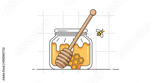 Organic sweet honey jar with wooden dipper and bee and honeycomb for nature food product design