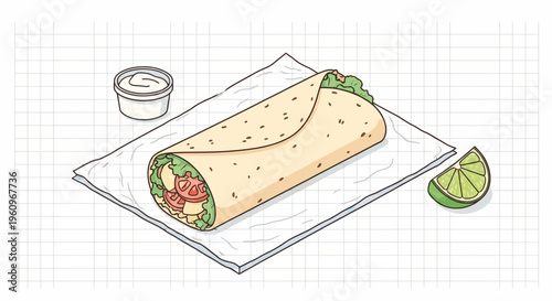 A hot beef bean taco wrap food with lime dip sauce on thin white paper