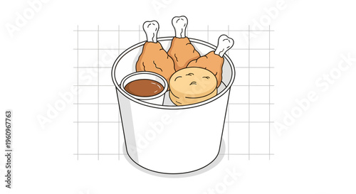 Fried chicken bucket with biscuit and sauce dip for fast food menu vector icon art