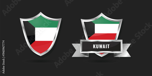 High-quality 3D metallic shield and ribbon featuring the national flag of Kuwait, designed for digital branding, international icons, and patriotic identity.