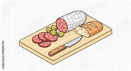 Salami meat bread olive board knife food snack meal fresh slice wood eat prep menu deli