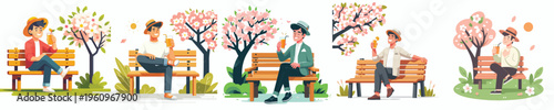 vector of a man sitting on a park bench drinking orange juice in spring