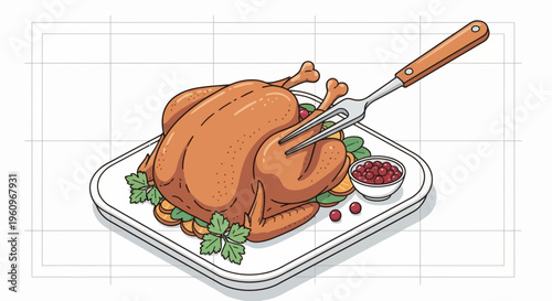 Hot roast bird food dish with herb leaf fruit jam and a wood fork tool