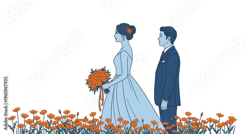 Bride groom at field of flower for wedding day love marriage and happy young couple