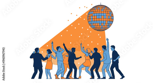Happy young people dance together under a shiny disco ball at a fun party night