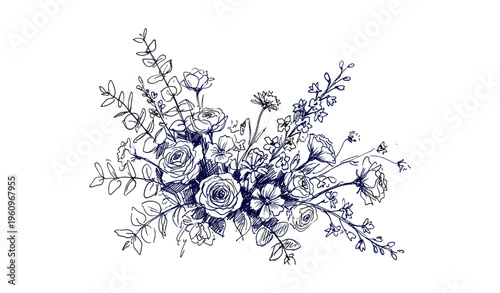 Intricate blue floral bouquet sketch with roses and leaves