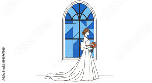 Bride in white gown with bouquet stands by blue glass window for wedding ceremony in church