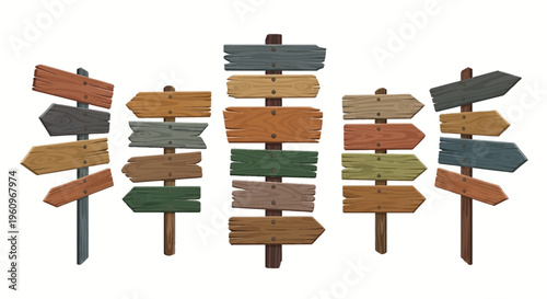 Illustrative blank wooden signposts with arrows pointing varied directions, isolated graphic for choice, guidance, and multiple path concepts.