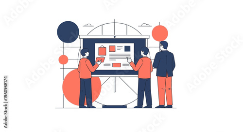 Team work on web task plan with app screen and big board and data info