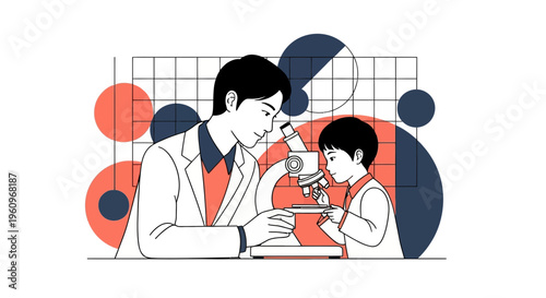Man and boy use a tool at a lab to study a life and a cell and a germ