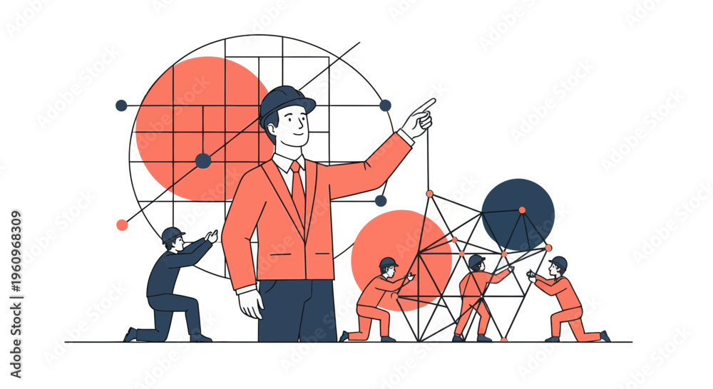 Fototapeta premium A boss and team of men work to build the big web and plan now