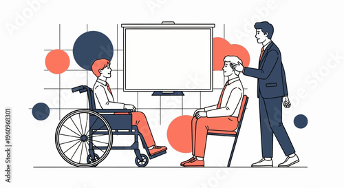 Inclusive business meeting with a disabled man in a wheelchair and colleagues in a modern office workspace environment