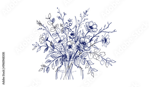 Intricate blue floral sketch of wildflowers in a vase
