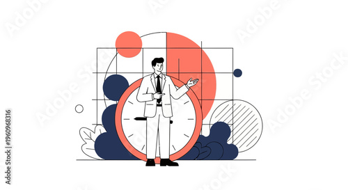 Professional Businessman Managing Work Time Schedule With Large Clock And Abstract Geometric Background Vector Illustration