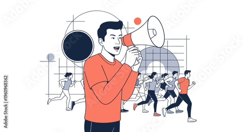 Man with horn lead run race sport for men and women who start to run