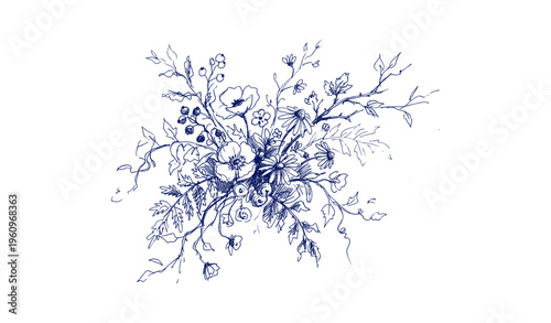 Intricate blue floral sketch with leaves and berries on white background