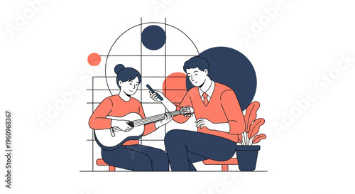 Man helps girl play guitar as she uses a phone app to learn music well