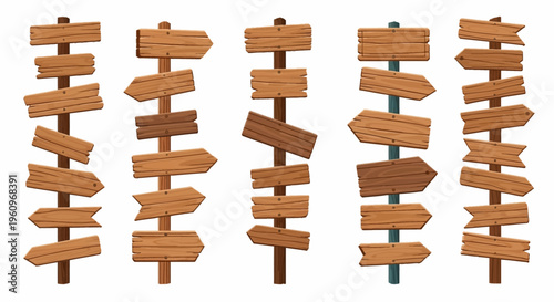 Rustic wooden signposts set with blank arrow and rectangular planks, symbolizing choices, directions, or customizable information.