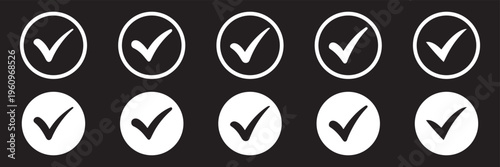 Check Mark Circle Icons Set – Outline and Solid Tick Symbols for Approval, Success and UI Validation Vector. Modern green and black check mark icons set in circles vector illustration. 