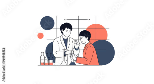 Scientific researchers working in a laboratory conducting chemical experiments using glass flasks and modern equipment vector illustration