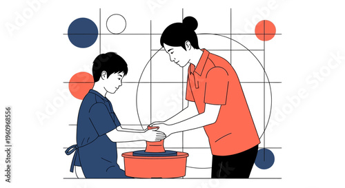 Teacher teaching child how to craft clay on pottery wheel in a creative art hobby studio