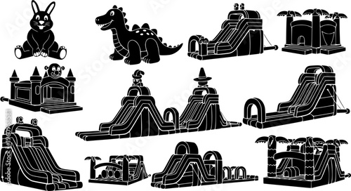 Inflatable Bouncy Castle and Water Slide Collection - Children's Amusement Park Equipment Vector Set