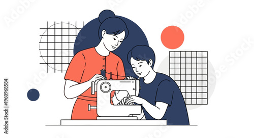 Teacher teaching boy use sewing machine for art craft work hobby skill