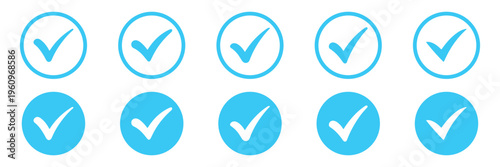 Check Mark Circle Icons Set – Outline and Solid Tick Symbols for Approval, Success and UI Validation Vector. Modern green and black check mark icons set in circles vector illustration. 
