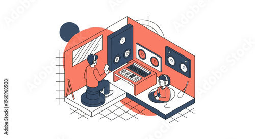 Isometric illustration of digital music producers working in a modern recording studio using electronic audio production tools