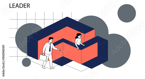 A boss and team work on big blocks to reach a goal for the firm now