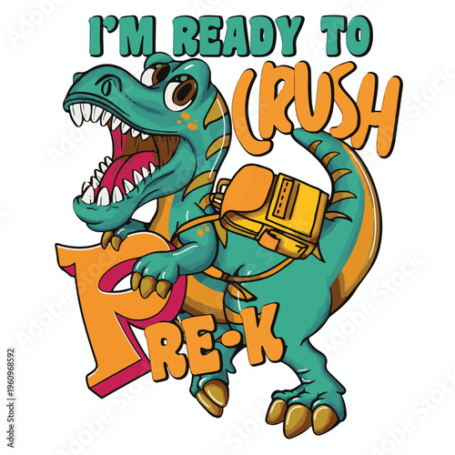Cute green cartoon tyrannosaurus rex wearing a backpack ready to crush pre-k and start school.