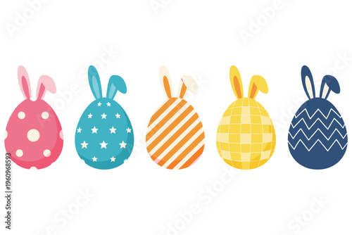 A charming collection of five vibrantly colored Easter eggs, each uniquely adorned with playful bunny ears and delightful patterns, perfect for festive spring celebrations and creative holiday designs