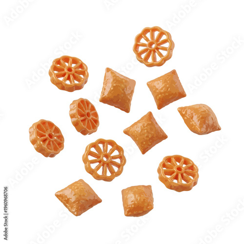 Delicious traditional Sri Lankan Avurudu Kavili snacks arranged on a white background, perfect for Sinhala and Tamil New Year celebrations, offering ample copy space