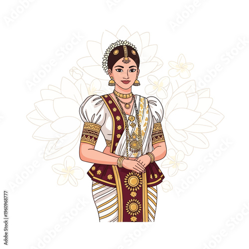 Sinhala and Tamil New Year celebration A Sri Lankan culture illustration featuring Avurudu traditions, Kavili, and Kiribath with a floral background and ample copy space for design