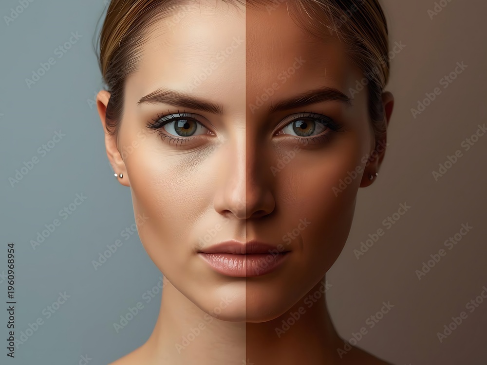 Fototapeta premium Young woman with split tone lighting showcasing emotional contrast in portrait