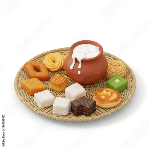 Sri Lankan Avurudu Kavili and Kiribath on tray, celebrating Sinhala and Tamil New Year culture. Traditional sweets, clean background, much copy space
