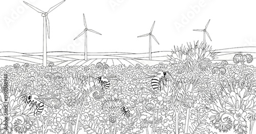 Wind turbines rise above a field of wildflowers buzzing with bees