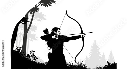A black silhouette of a woman with a bow and arrow in a forest with trees and foliage around her in the background