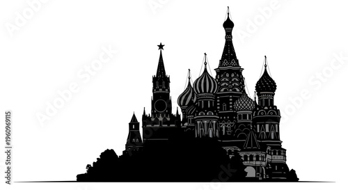 Black silhouette of st basils cathedral in moscow with intricate details and spires