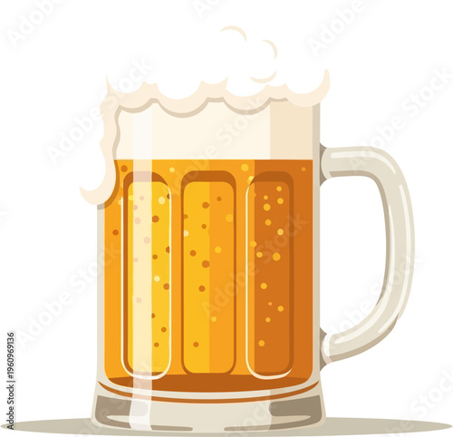 A cartoon illustration of a full glass mug of golden beer with a thick, frothy white head, depicted on a white background.